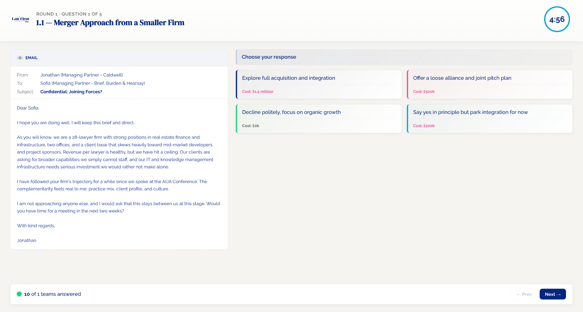 Game email scenario with response cards showing strategic choices under time pressure